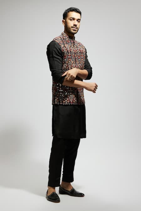 Shop_Sva By Sonam & Paras Modi_Black Silk Embroidery Leaf Jaal Embellished Bundi