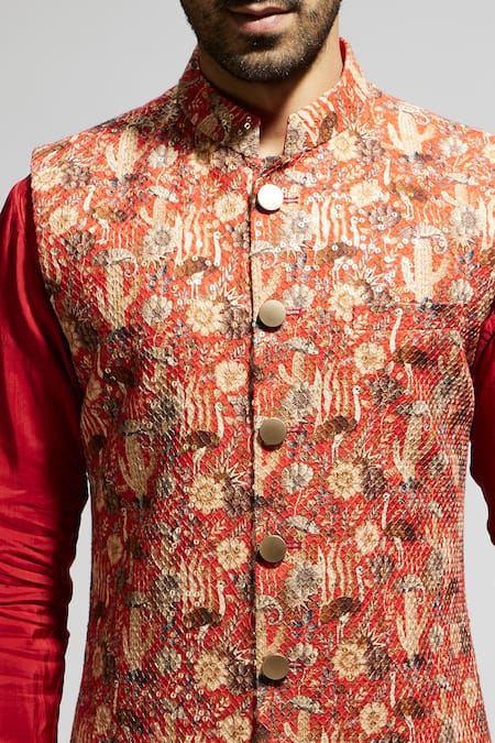 Sva By Sonam & Paras Modi Orange Silk Embroidery Bundi at Aza Fashions Sva By Sonam & Paras Modi_Orange Silk Embroidery Bundi_at_Aza_Fashions