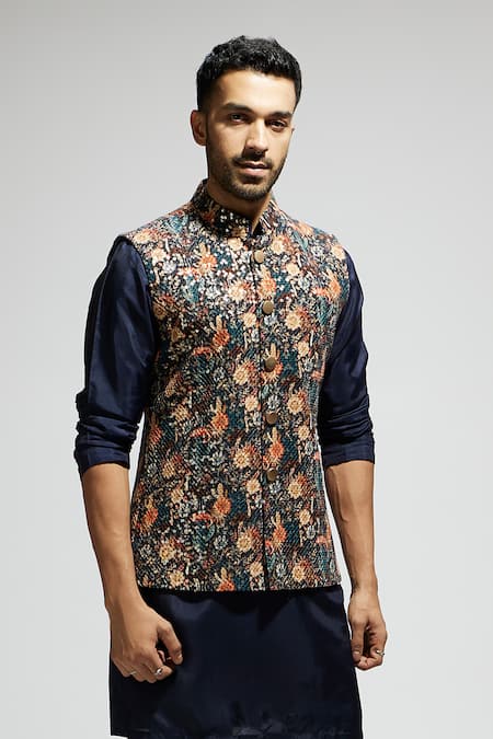 Buy_Sva By Sonam & Paras Modi_Blue Silk Embroidery Bloom Jaal Bundi_Online_at_Aza_Fashions