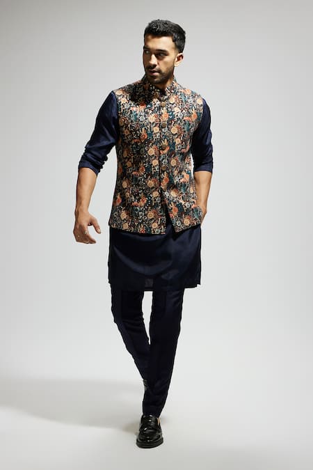 Sva By Sonam & Paras Modi_Blue Silk Embroidery Bloom Jaal Bundi_at_Aza_Fashions