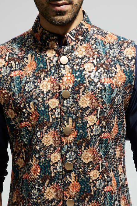 Buy_Sva By Sonam & Paras Modi_Blue Silk Embroidery Bloom Jaal Bundi