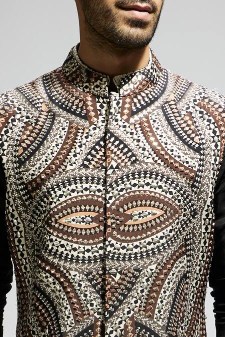 Buy_Sva By Sonam & Paras Modi_Brown Silk Embroidery Zentangle Bundi