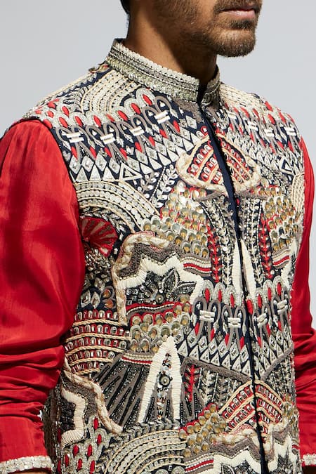 Buy_Sva By Sonam & Paras Modi_Blue Silk Embroidery Tribal Bundi_Online_at_Aza_Fashions