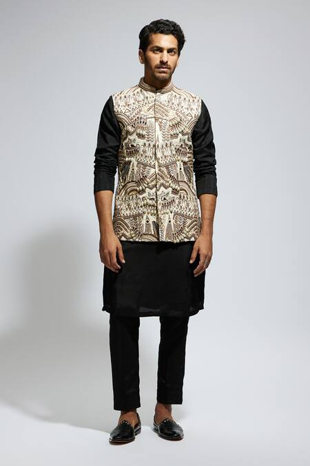 Sva By Sonam & Paras Modi_Ivory Silk Embroidery Tribal Bloom Bundi_Online_at_Aza_Fashions