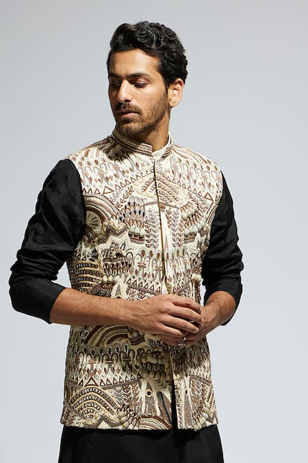 Sva By Sonam & Paras Modi_Ivory Silk Embroidery Tribal Bloom Bundi_at_Aza_Fashions