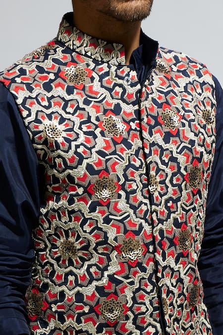 Sva By Sonam & Paras Modi_Blue Silk Embroidery Mandala Sleeveless Bundi_Online_at_Aza_Fashions