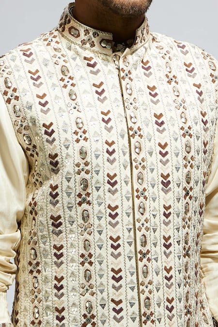 Shop Sva By Sonam & Paras Modi Ivory Silk Embroidery Aztec Bundi at Aza Fashions Shop_Sva By Sonam & Paras Modi_Ivory Silk Embroidery Aztec Bundi_at_Aza_Fashions