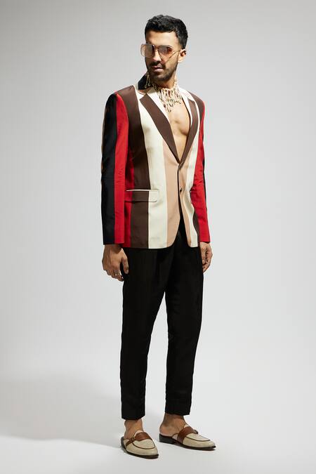 Buy_Sva By Sonam & Paras Modi_Orange Crepe Multi Color Striped Blazer _Online_at_Aza_Fashions