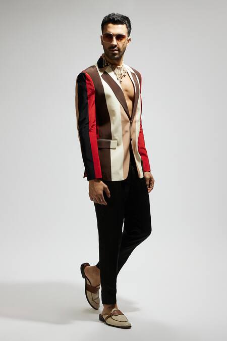 Shop_Sva By Sonam & Paras Modi_Orange Crepe Multi Color Striped Blazer _Online_at_Aza_Fashions