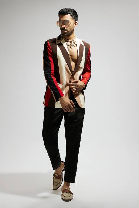 Buy_Sva By Sonam & Paras Modi_Orange Crepe Multi Color Striped Blazer 