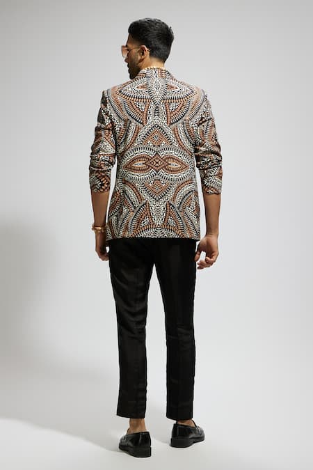 Shop Sva By Sonam & Paras Modi Brown Silk Multi Color Tribe Vibe Print Blazer at Aza Fashions Shop_Sva By Sonam & Paras Modi_Brown Silk Multi Color Tribe Vibe Print Blazer_at_Aza_Fashions