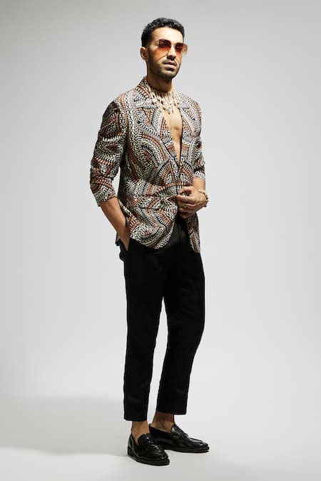Sva By Sonam & Paras Modi Brown Silk Multi Color Tribe Vibe Print Blazer Online at Aza Fashions Sva By Sonam & Paras Modi_Brown Silk Multi Color Tribe Vibe Print Blazer_Online_at_Aza_Fashions