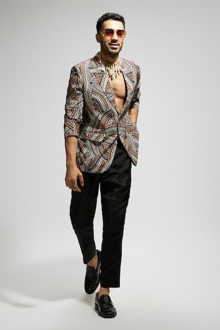 Buy Sva By Sonam & Paras Modi Brown Silk Multi Color Tribe Vibe Print Blazer Online at Aza Fashions Buy_Sva By Sonam & Paras Modi_Brown Silk Multi Color Tribe Vibe Print Blazer_Online_at_Aza_Fashions