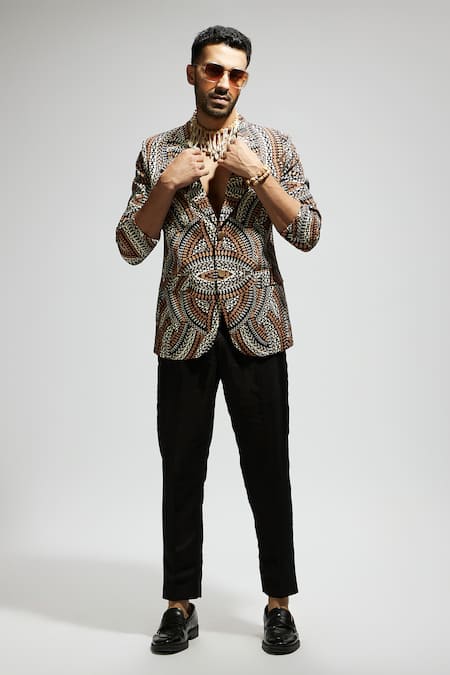 Sva By Sonam & Paras Modi Brown Silk Multi Color Tribe Vibe Print Blazer at Aza Fashions Sva By Sonam & Paras Modi_Brown Silk Multi Color Tribe Vibe Print Blazer_at_Aza_Fashions