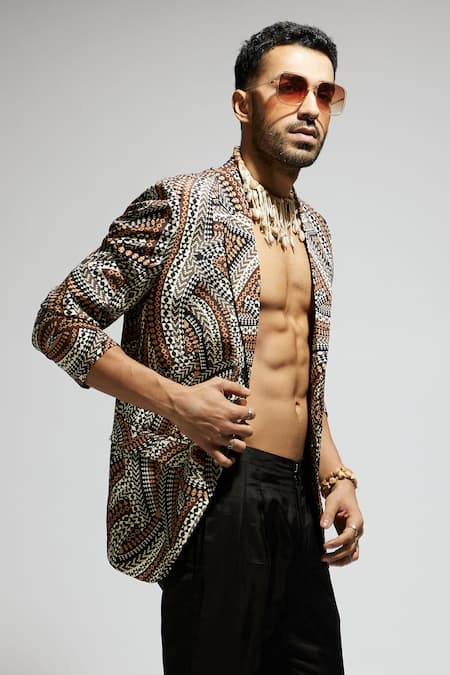 Shop Sva By Sonam & Paras Modi Brown Silk Multi Color Tribe Vibe Print Blazer Shop_Sva By Sonam & Paras Modi_Brown Silk Multi Color Tribe Vibe Print Blazer
