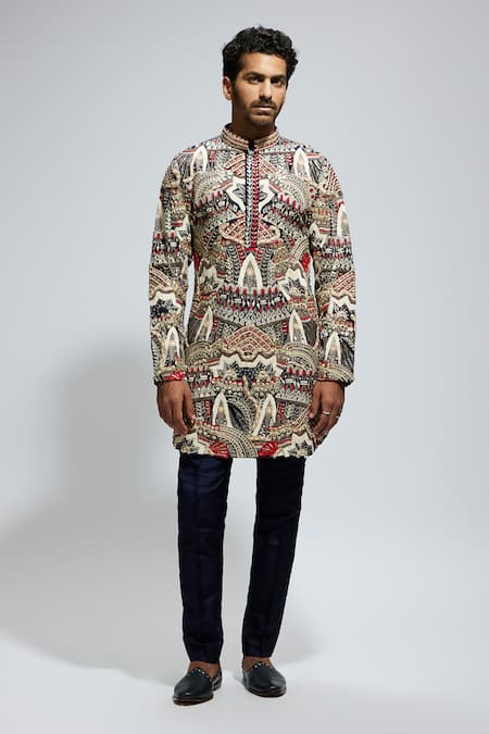 Sva By Sonam & Paras Modi Blue Canvas Embroidery Tribe Vibe Kurta Set Online at Aza Fashions Sva By Sonam & Paras Modi_Blue Canvas Embroidery Tribe Vibe Kurta Set_Online_at_Aza_Fashions