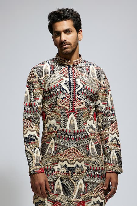 Shop Sva By Sonam & Paras Modi Blue Canvas Embroidery Tribe Vibe Kurta Set Shop_Sva By Sonam & Paras Modi_Blue Canvas Embroidery Tribe Vibe Kurta Set