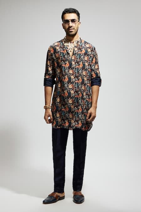 Buy_Sva By Sonam & Paras Modi_Blue Crepe Embroidery Floral Blossom Pattern Kurta_Online_at_Aza_Fashions