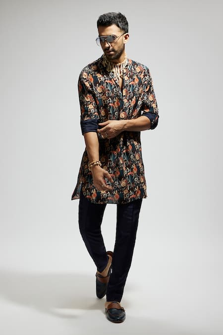 Sva By Sonam & Paras Modi_Blue Crepe Embroidery Floral Blossom Pattern Kurta_at_Aza_Fashions