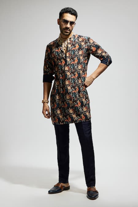 Buy_Sva By Sonam & Paras Modi_Blue Crepe Embroidery Floral Blossom Pattern Kurta