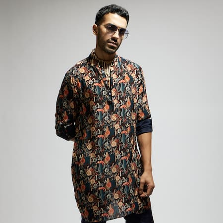 Shop_Sva By Sonam & Paras Modi_Blue Crepe Embroidery Floral Blossom Pattern Kurta