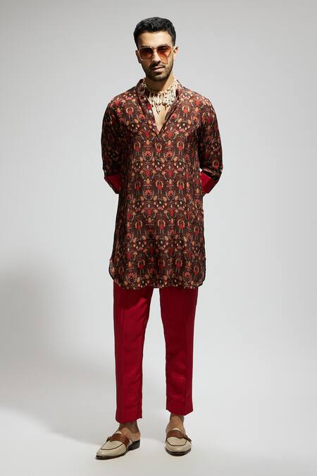 Shop Sva By Sonam & Paras Modi Brown Crepe Jaal Print Short Kurta at Aza Fashions Shop_Sva By Sonam & Paras Modi_Brown Crepe Jaal Print Short Kurta_at_Aza_Fashions