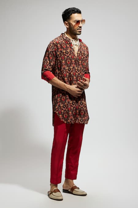 Sva By Sonam & Paras Modi Brown Crepe Jaal Print Short Kurta Online at Aza Fashions Sva By Sonam & Paras Modi_Brown Crepe Jaal Print Short Kurta_Online_at_Aza_Fashions