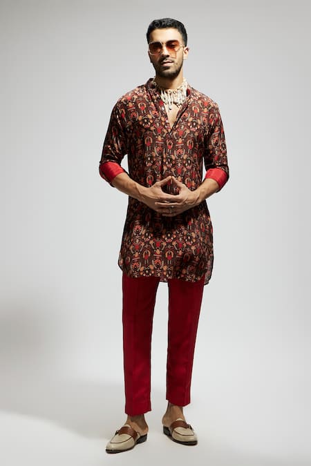Buy Sva By Sonam & Paras Modi Brown Crepe Jaal Print Short Kurta Online at Aza Fashions Buy_Sva By Sonam & Paras Modi_Brown Crepe Jaal Print Short Kurta_Online_at_Aza_Fashions