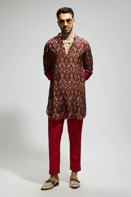 Shop Sva By Sonam & Paras Modi Brown Crepe Jaal Print Short Kurta Shop_Sva By Sonam & Paras Modi_Brown Crepe Jaal Print Short Kurta