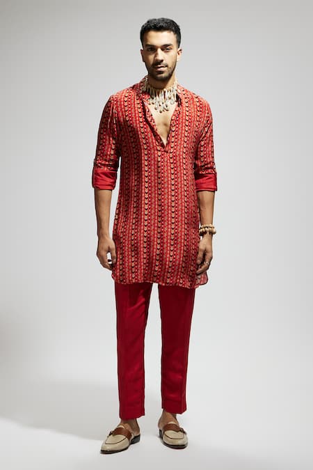 Sva By Sonam & Paras Modi Orange Crepe Boho Print Short Kurta Online at Aza Fashions Sva By Sonam & Paras Modi_Orange Crepe Boho Print Short Kurta_Online_at_Aza_Fashions