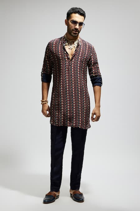 Sva By Sonam & Paras Modi_Blue Crepe Boho Print Kurta_Online_at_Aza_Fashions