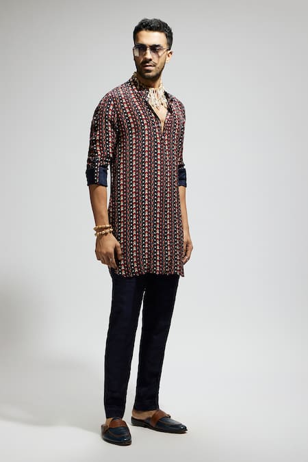 Buy_Sva By Sonam & Paras Modi_Blue Crepe Boho Print Kurta_Online_at_Aza_Fashions