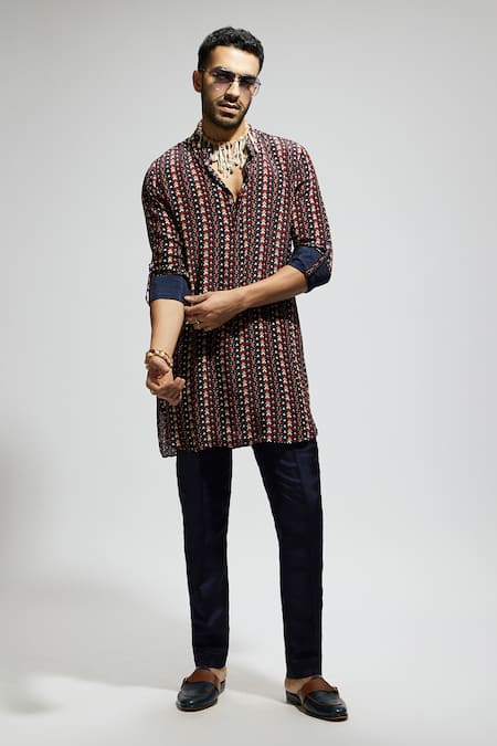 Sva By Sonam & Paras Modi_Blue Crepe Boho Print Kurta_at_Aza_Fashions