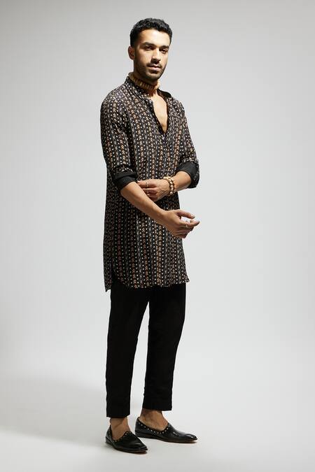 Sva By Sonam & Paras Modi_Black Crepe Printed Boho Short Kurta_Online_at_Aza_Fashions