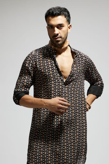 Shop_Sva By Sonam & Paras Modi_Black Crepe Printed Boho Short Kurta