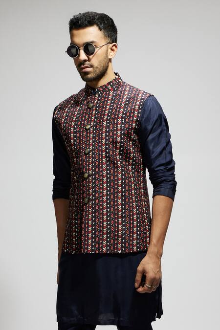 Sva By Sonam & Paras Modi_Blue Silk, Crepe Geometric Boho Bundi Kurta Set_Online_at_Aza_Fashions