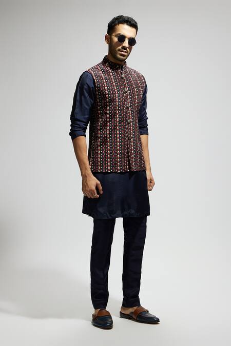 Buy_Sva By Sonam & Paras Modi_Blue Silk, Crepe Geometric Boho Bundi Kurta Set_Online_at_Aza_Fashions