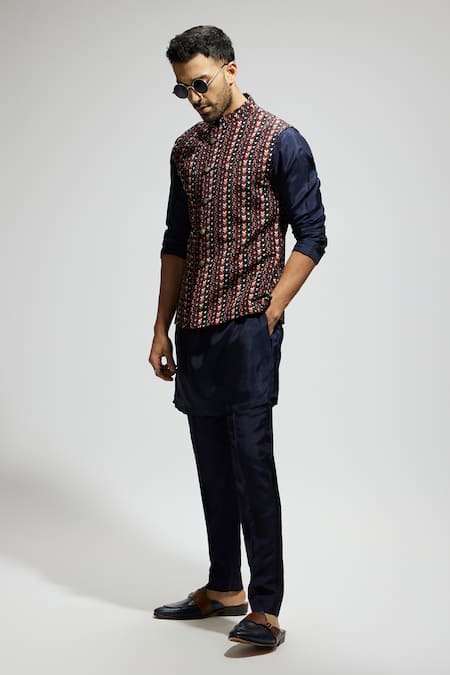 Sva By Sonam & Paras Modi_Blue Silk, Crepe Geometric Boho Bundi Kurta Set_at_Aza_Fashions