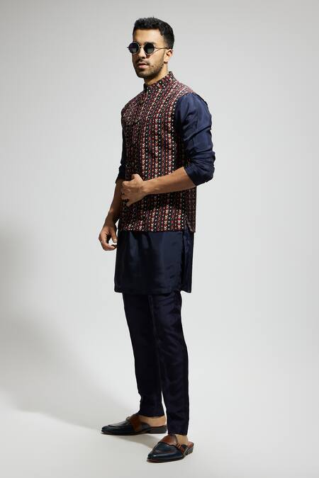 Buy_Sva By Sonam & Paras Modi_Blue Silk, Crepe Geometric Boho Bundi Kurta Set