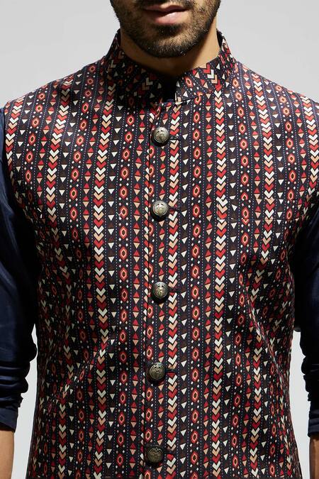 Shop_Sva By Sonam & Paras Modi_Blue Silk, Crepe Geometric Boho Bundi Kurta Set