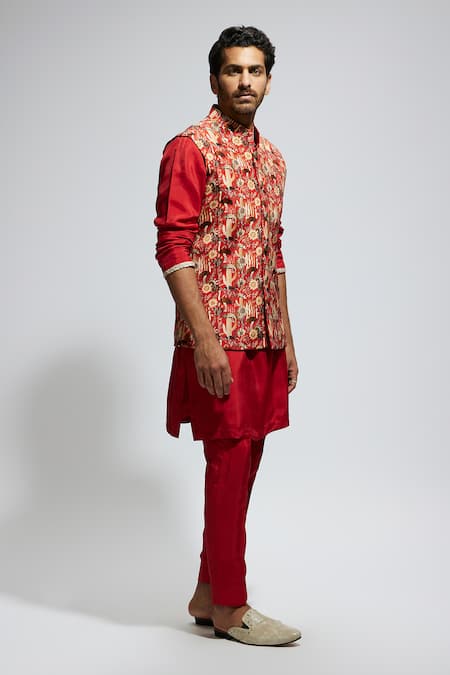 Sva By Sonam & Paras Modi_Orange Silk, Crepe Sequins, Studs Embellished Floral-fauna Bundi Kurta Set_Online_at_Aza_Fashions