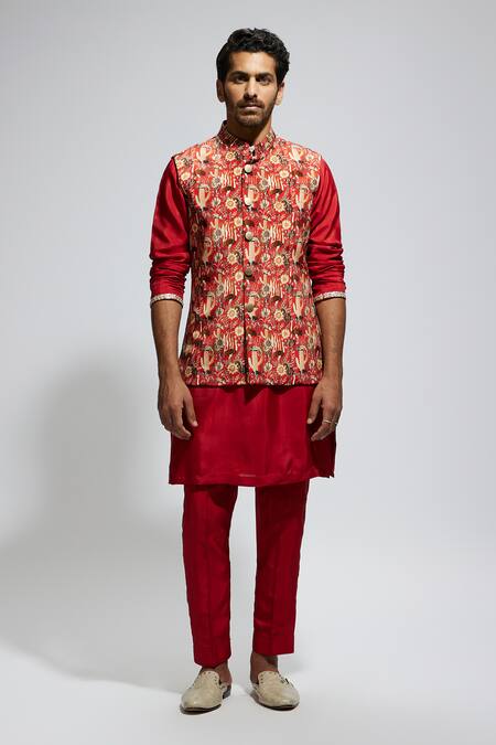 Buy_Sva By Sonam & Paras Modi_Orange Silk, Crepe Sequins, Studs Embellished Floral-fauna Bundi Kurta Set_Online_at_Aza_Fashions