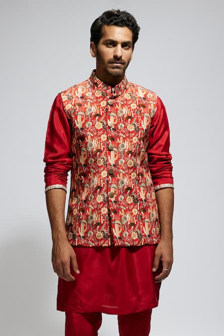 Buy_Sva By Sonam & Paras Modi_Orange Silk, Crepe Sequins, Studs Embellished Floral-fauna Bundi Kurta Set