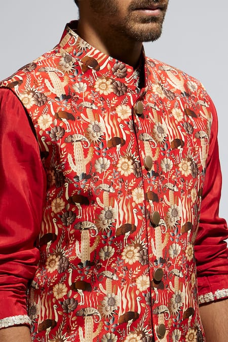 Shop_Sva By Sonam & Paras Modi_Orange Silk, Crepe Sequins, Studs Embellished Floral-fauna Bundi Kurta Set