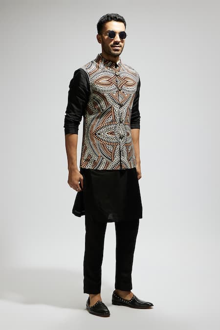 Sva By Sonam & Paras Modi_Black Silk, Crepe, Cotton Zentangle Print Bundi Set_Online_at_Aza_Fashions