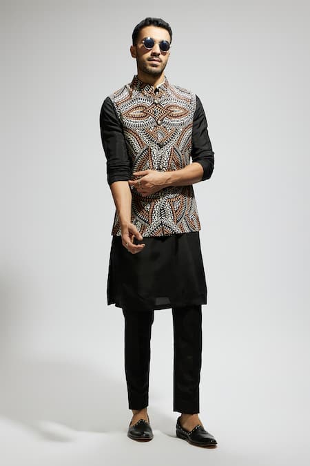 Buy_Sva By Sonam & Paras Modi_Black Silk, Crepe, Cotton Zentangle Print Bundi Set_Online_at_Aza_Fashions