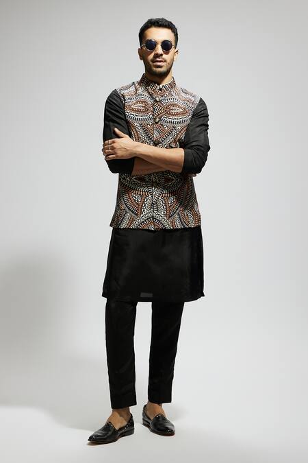 Sva By Sonam & Paras Modi_Black Silk, Crepe, Cotton Zentangle Print Bundi Set_at_Aza_Fashions