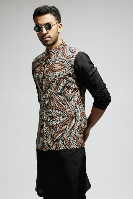 Buy_Sva By Sonam & Paras Modi_Black Silk, Crepe, Cotton Zentangle Print Bundi Set