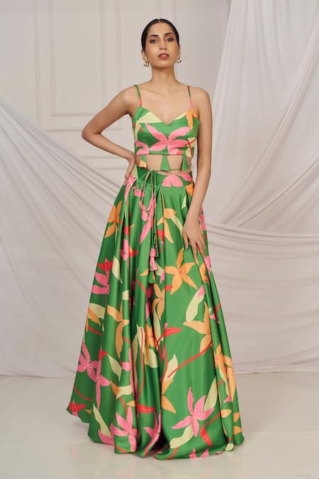 Shop_Harshita Singhvi_Green Satin, Georgette Sweetheart Neck Floral Print Lehenga Set _Online_at_Aza_Fashions