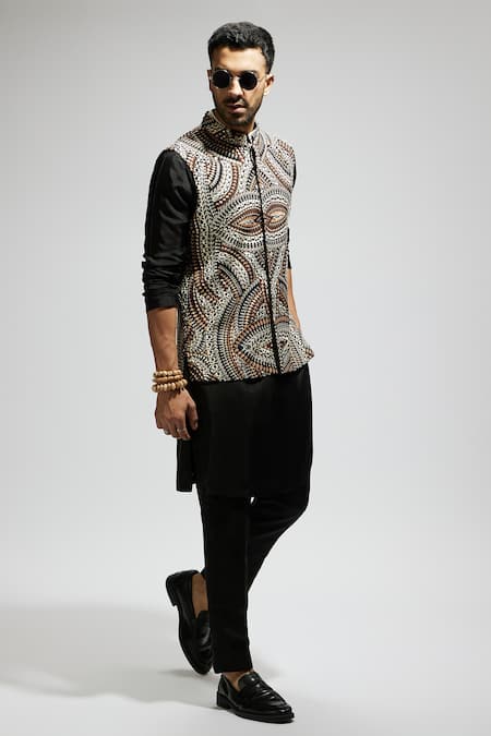 Buy_Sva By Sonam & Paras Modi_Black Silk, Crepe Sequins, Cut Work Zentangle Print Bundi Kurta Set_Online_at_Aza_Fashions